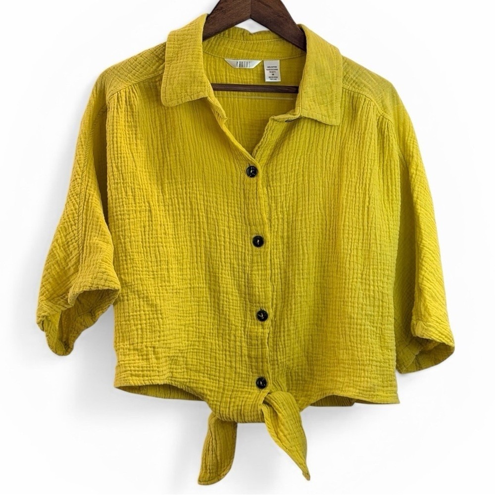 Kaktus Button Down Top Womens XS Yellow Double Gauze Tie Front Cropped Blouse